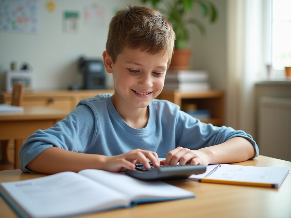 A student practicing math with the free calculator at home