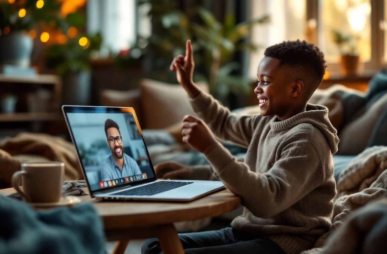 A young student at home raising his hand during a live online lesson with his tutor on screen