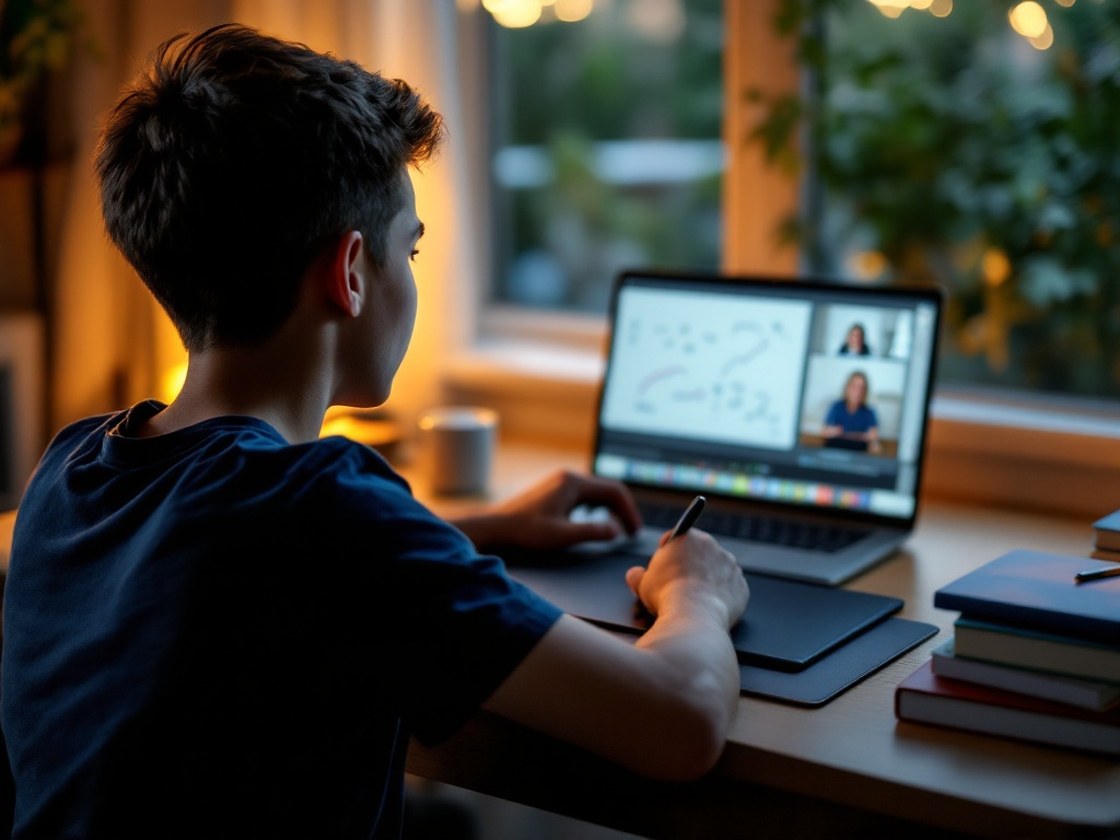 A high school student working on a shared online whiteboard with his tutor during a live video session