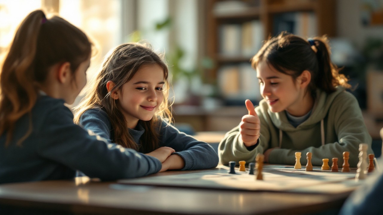 A girl smiles after a round while a classmate across the game table gives her a thumbs up