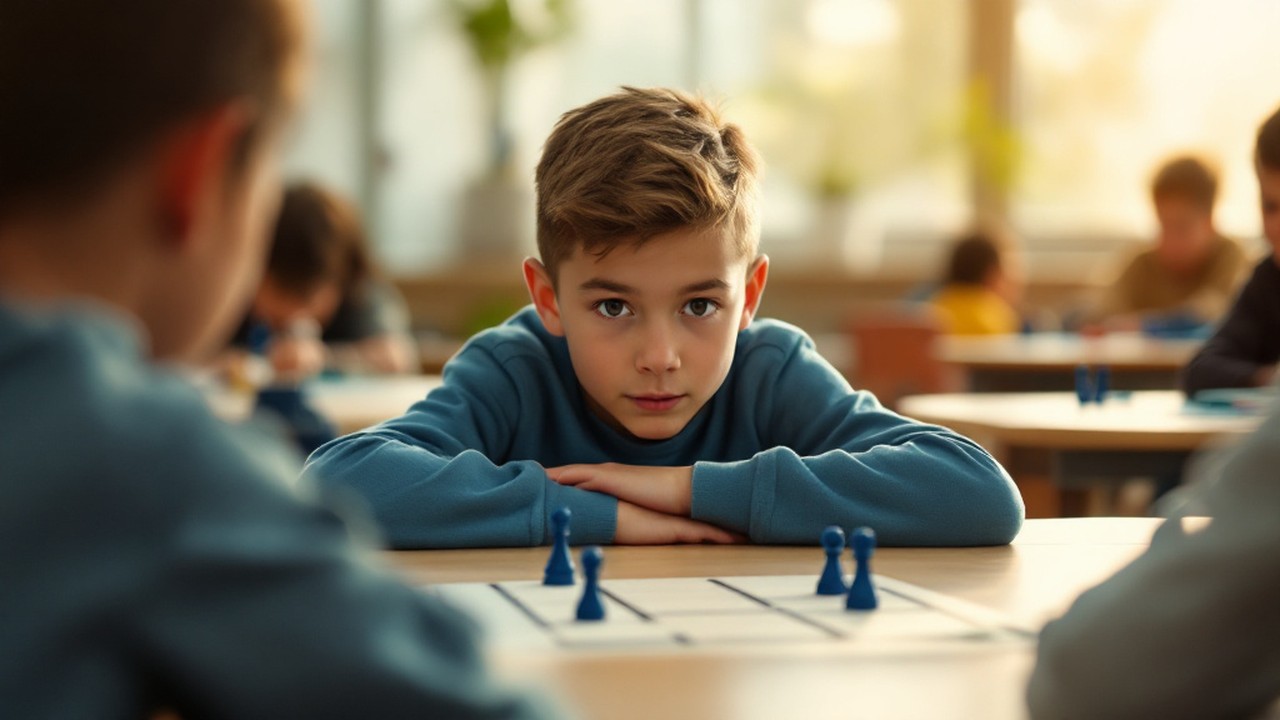 A boy waits patiently with his arms folded while another student takes a turn at a board game