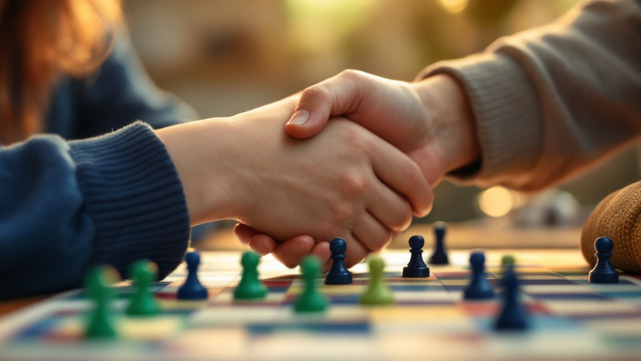 Two students shake hands over a finished board game